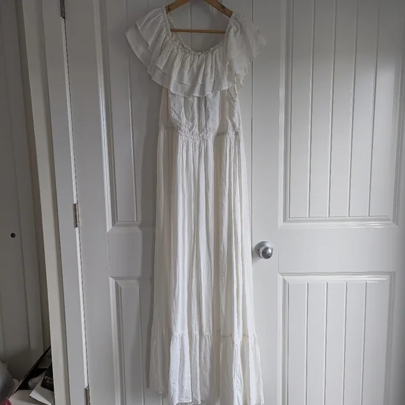 White Off-Shoulder Ruffle Maxi Dress | Elastic Waist & Tiered Hem - Picture 4 of 9